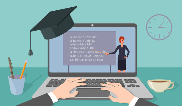 Online education, e-learning.Teacher leading the lesson on the laptop screen.Home education, distance learning, and passing exams.Online courses and advanced training.Flat vector illustration.