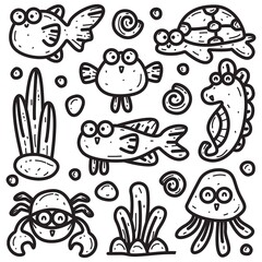 kawaii doodle aquatic animals cartoon designs  for coloring, backgrounds, stickers, logos, icons and more