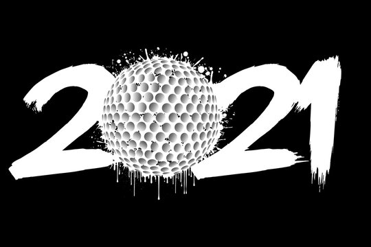 Abstract numbers 2021 and a golf ball from blots. 2021 New Year on an isolated background. Design pattern for greeting card. Grunge style. Vector illustration