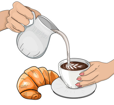 coffee pouring, croissant, hand drawn style clip art preview
