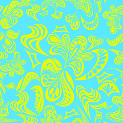 seamless vector pattern in the form of an ornament from abstract yellow leaves and feathers on a blue background