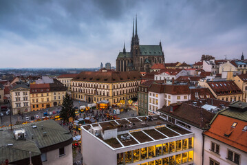 Naklejka na ściany i meble Old Town with Christmas Market and Cathedral of St. Peter and Paul in Brno, Czech Republic as Seen from City Hall Tower
