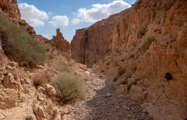 Narrow canyon of dry wadi Abuv in Judaean Desert close to city Arad, Israel. Mountain landscape with  rock formations and boulders.