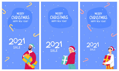 Fototapeta na wymiar Template design for christmas sale with people.Christmas advertising.People in Christmas hats and holiday candies on the background.Set of vertical social media stories and post design with lettering.