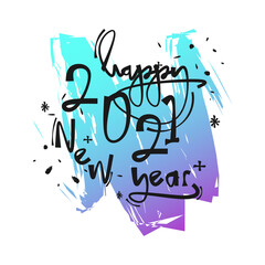 Vector illustration. Handwritten calligraphic brush lettering composition of Happy New Year 2021 on gradient background.