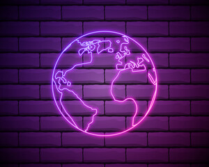 Planet Earth neon sign. Bright glowing symbol isolated on brick wall background. Neon style icon.