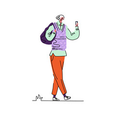 Vector illustration of man walking down street and looking at mobile phone. Concept recreation, technology. You can use it as separate element in composition, web design, banners, etc.