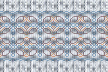 Vector seamless Nordic Knitting Pattern in blue, orange, brown, grey colors. Christmas and Winter holiday Sweater, plaid Design with elastic band.  Plain and ribbed knitting.