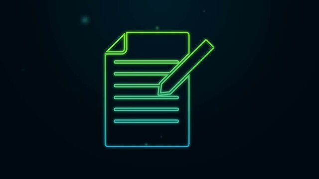 Glowing neon line Document and pen icon isolated on black background. File icon. Checklist icon. Business concept. 4K Video motion graphic animation
