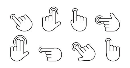 Gesture touch screen icons. Finger click, tap on button. Touchscreen technology. Black line art. Vector illustration