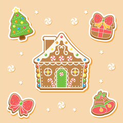 merry Christmas cute ginger bread house elements stickers drawing with candy