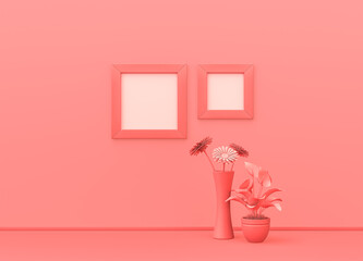 Square picture frames on pink color wall with plants on the ground. monochrome composition pink background with copy space. 3D rendering