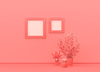 Square picture frames on pink color wall with plants on the ground. monochrome composition pink background with copy space. 3D rendering