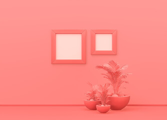 Square picture frames on pink color wall with plants on the ground. monochrome composition pink background with copy space. 3D rendering