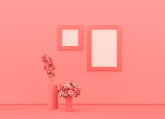 Square and vertical poster frames on pink color wall with plants on the ground. monochrome composition pink background with copy space. 3D rendering