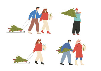 Set of people preparing for and celebrating winter holidays during pandemic wearing face mask. Men and women carrying Xmas tree, walking with presents and gifts. Vector illustration isolated on white.