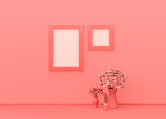 Square and vertical poster frames on pink color wall with plants on the ground. monochrome composition pink background with copy space. 3D rendering