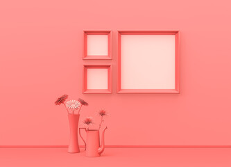 Interior room in plain monochrome pink color with big and small square picture frames, decorative vases and house plants. Light background with copy space. 3D rendering