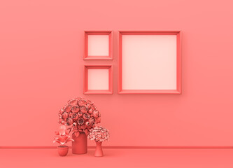 Interior room in plain monochrome pink color with big and small square picture frames, decorative vases and house plants. Light background with copy space. 3D rendering