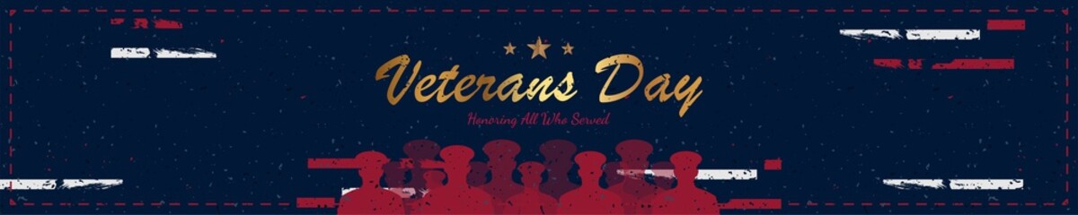 Happy Veterans Day. Greeting card with USA flag, gold star and soldiers on background. National American holiday event. Flat vector illustration EPS10.