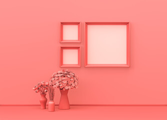 Interior room in plain monochrome pink color with big and small square picture frames, decorative vases and house plants. Light background with copy space. 3D rendering