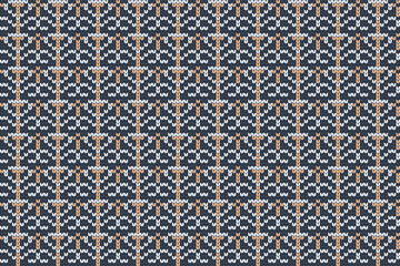 Vector seamless Nordic Knitting Pattern in blue, orange, grey colors. Christmas and Winter holiday Sweater, plaid Design.