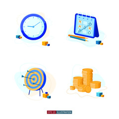 Trendy flat illustration set. Clock. Time management. Tic-tac-toe. Archery target. Coins. Template for your design works. Vector graphics.