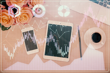 Fototapeta na wymiar Double exposure of forex graph hologram over desktop with phone. Top view. Mobile trade platform concept.