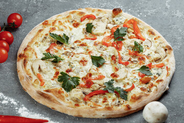 Chicken-blue pizza with tomato, mozzarella and Dor Blue cheeses on gray background