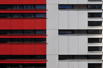 Background of exterior facade of modern building with detail of red and white aluminium panels and black dark reflected glass on horizontal windows.