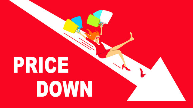 Price down concept illustration. Woman slides down an arrow.