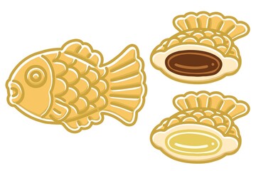 Bungeoppang and inside images. It is a fish-shaped pastry stuffed with sweetened red bean paste. Vector illustrations set.