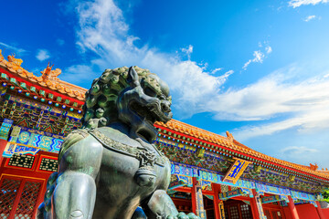 Bronze Lion Statue in Summer Palace,Beijing.the ancient imperial gardens.