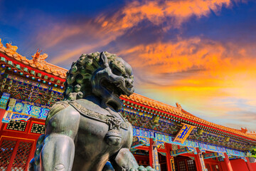 Bronze Lion Statue in Summer Palace,Beijing.the ancient imperial gardens.