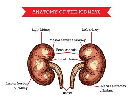 Human kidneys anatomy, vector sketch medicine aid scheme of body organ nephrology treatment. Engraved medical visual aid poster of kidneys with parts names for medical university, hospital or clinic