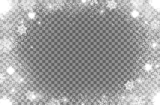 Realistic snow flakes oval frame on transparent background. Isolated vector Christmas border with falling snow and steam. Snowflake decoration, Xmas magic white snowfall texture, winter snowstorm