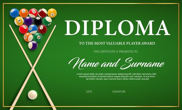 Diploma For The Winner Of Billiard Tournament, Certificate Vector Template With Cue And Balls On Green Cloth. Award Border Design, Diploma For Participation In Snooker Game, Competition Achievement