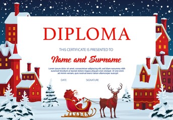 Diploma certificate of child education vector template with frame background of Christmas town, Santa and deer sleigh. School graduation diploma, achievement certificate and competition award design