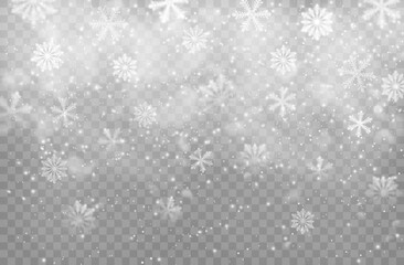 Christmas snowfall and snowflakes vector background, Xmas backdrop with falling snow and steam. Snowflakes transparent decoration effect. Holiday magic white snowfall, winter snowstorm