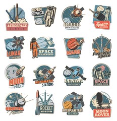 Space exploration vector icons. Astronaut in galaxy, rocket in outer cosmos, shuttle expedition, explore adventure. Satellite in space, rover on alien planet surface. Mars research center labels set © Vector Tradition