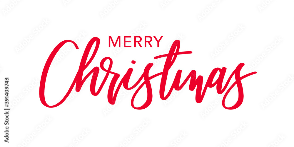 Fototapete merry christmas red brush calligraphy vector text script, horizontal typography banner