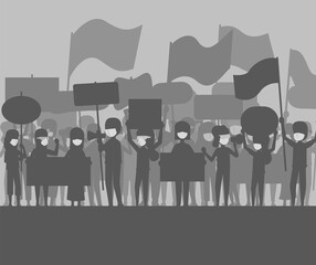 Silhouette people with protesting. Protesters hands holding loudspeaker, banner and flag with mask. Illustration strike political protest and demonstration.