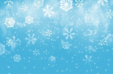 Naklejka na ściany i meble Christmas snow flakes vector background of falling white snowflakes, Xmas and New Year winter holidays design. Snowfall of ice crystals and star shaped snow flakes, snowy weather, snowstorm, blizzard