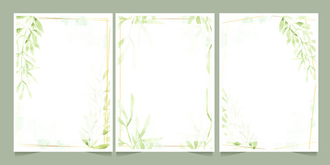 watercolor green leaves with golden frame on splash background wedding or birthday invitation card template collection