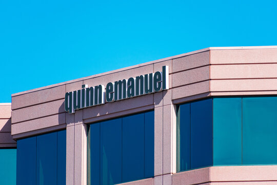Quinn Emanuel sign on Silicon Valley office of Quinn Emanuel Urquhart and Sullivan LLP - Redwood City, California, USA - 2020