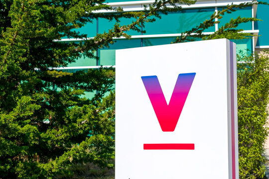 V logo of Verily Life Sciences research organization headquarters in Silicon Valley. Verily is an independent subsidiary of Alphabet Inc - South San Francisco, CA, USA - 2020
