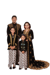 Portrait of a happy family wearing traditional Javanese clothes. concept of family photo Javanese traditional clothes