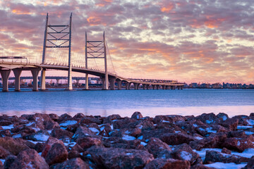 Saint Petersburg. Russia. Transport system of St. Petersburg. The modern road. View of the highway from the Bank of the Neva river. The Expressway passes over the bridge.
