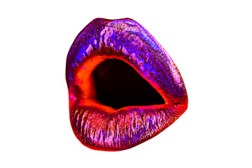 Sexy lip. Neon art lipstick, gold mouth. Isolated on white.