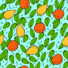 Seamless repeat oranges and lemons with leaves on sky blue background